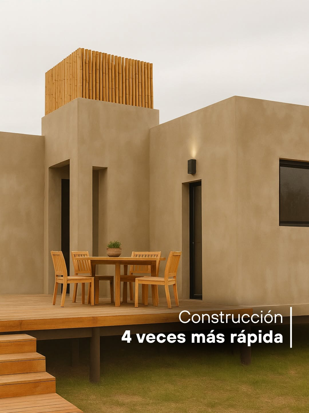 Vivienda terminada con sistema easybrick®, galería de madera y deck — material oficial easybrick®