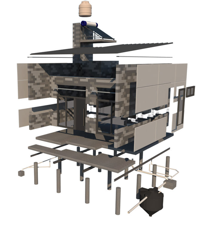 Modelo tridimensional oficial easybrick® — estructura, energía solar y sistema de agua integrados