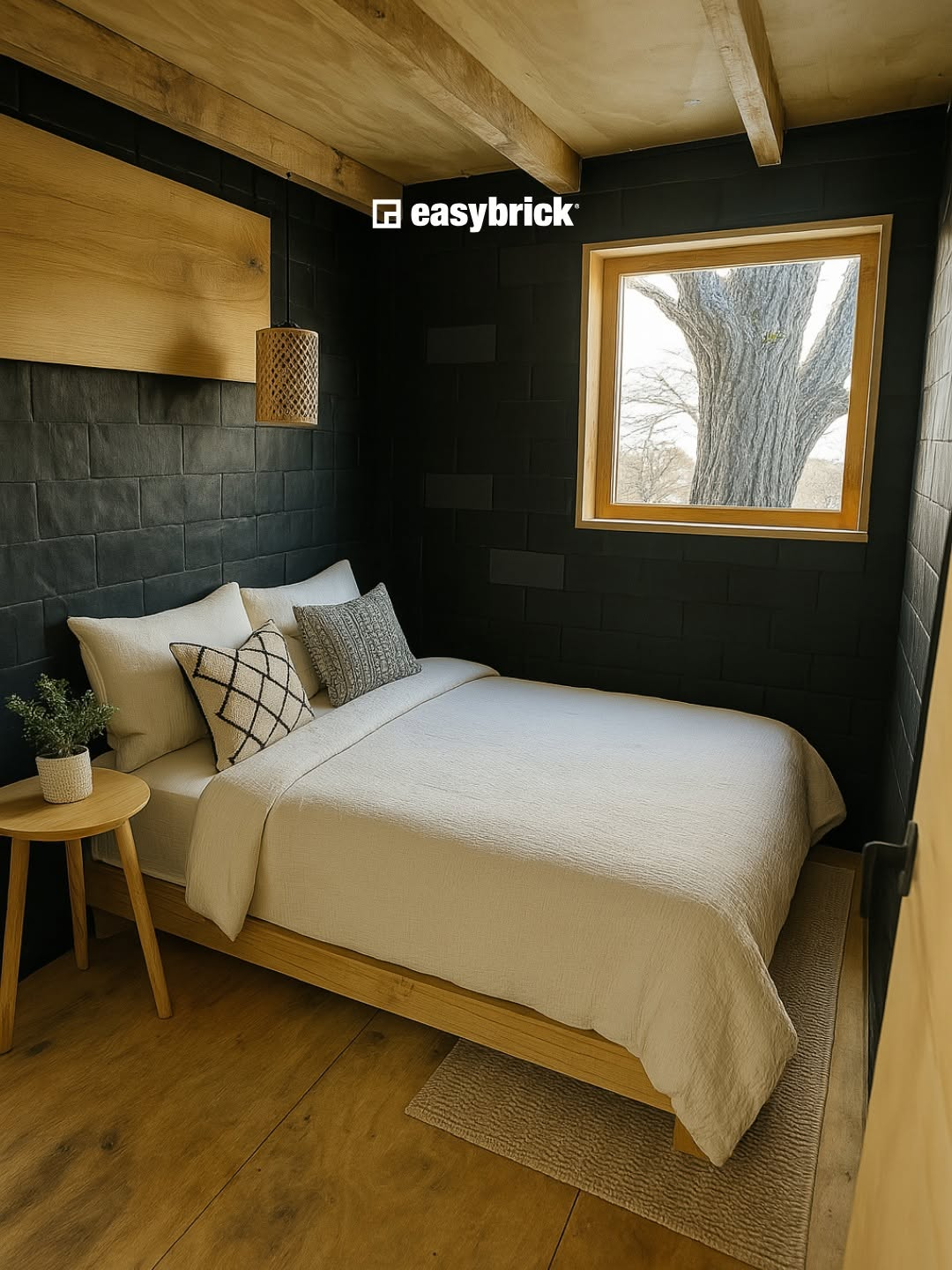Dormitorio con el bloque easybrick® a la vista, terminación color oscuro — material oficial easybrick®