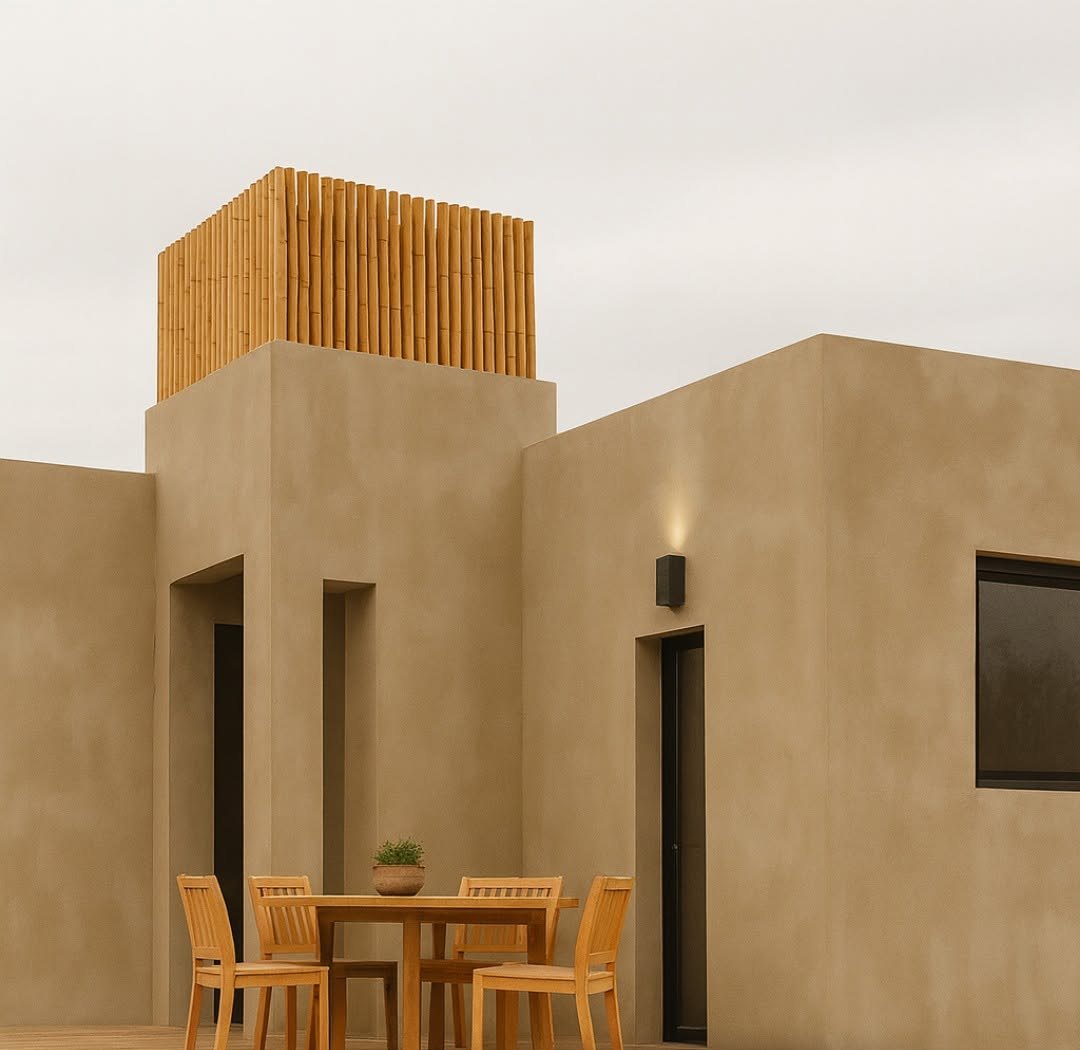 Vivienda terminada con galería de madera y deck, construida con el sistema easybrick®